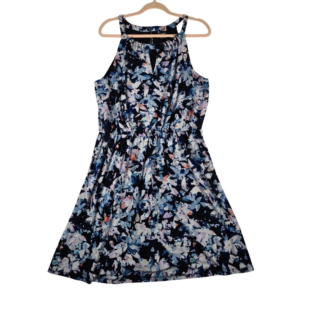 Roz‎ & Ali Floral Halter Neck Dress Women Large Blue Faux Pearl Accent Keyhole